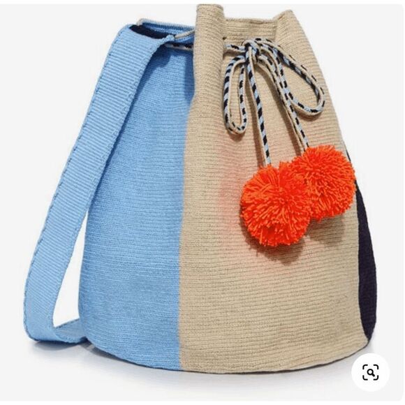 Sophie Anderson Lilla Hand Crocheted Pom Pom Drawstring Bucket Bag Beach Anthrop - Picture 7 of 10